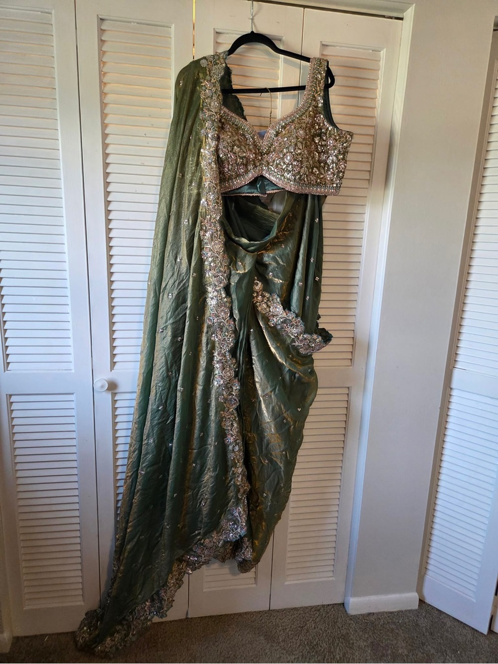 Olive Green Embellished Bridal Saree with Sequin Blouse